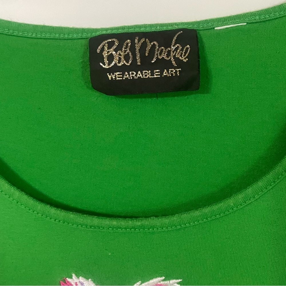 Bob Mackie Wearable Art Floral Green Pink Embroidered T Shirt Size XL - Picture 4 of 6